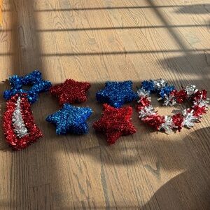 Festive Red, Blue, and Silver Star Decorations